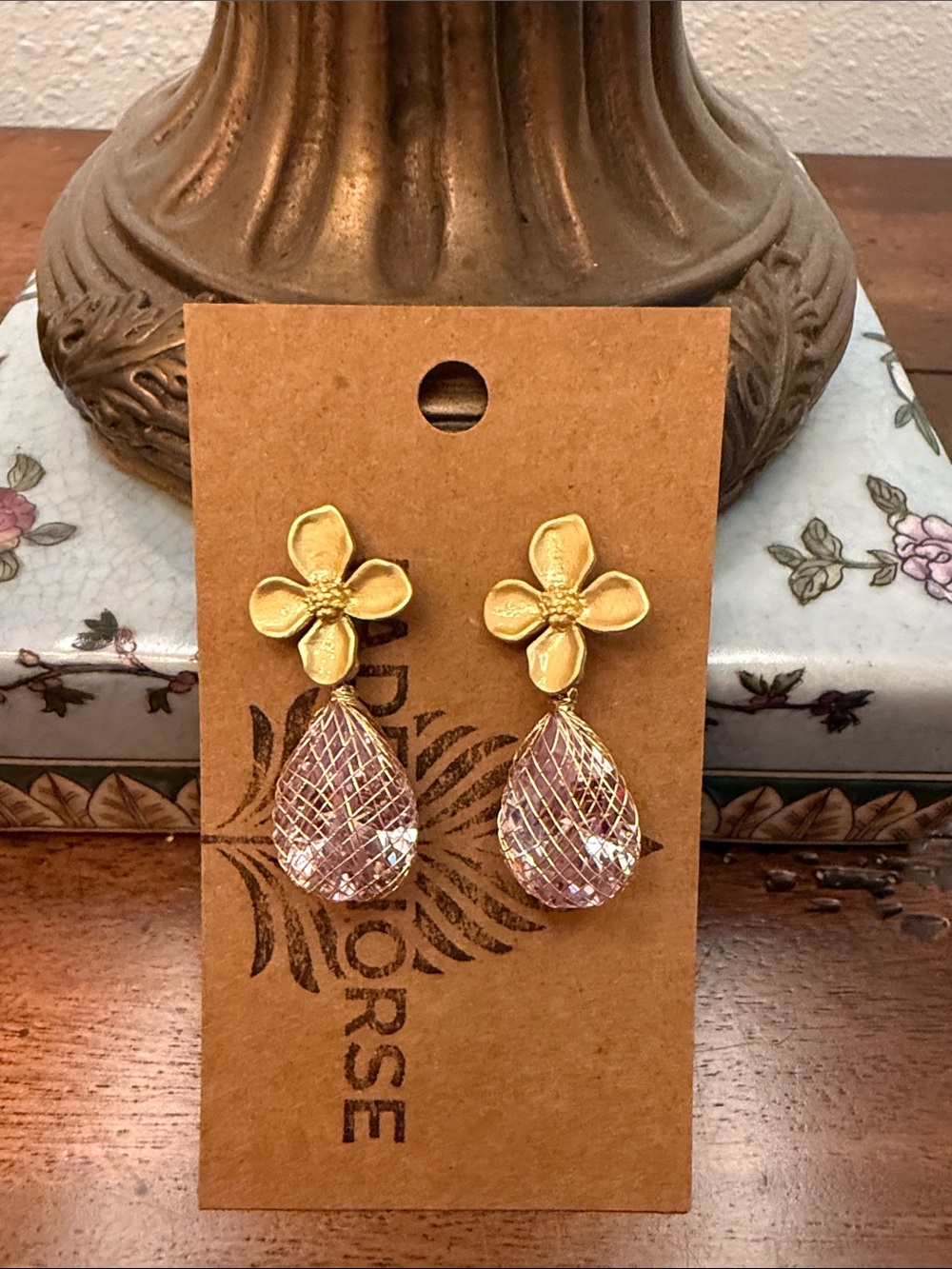 Pink Glass wired Gold Floral Pink Teardrop Earrings